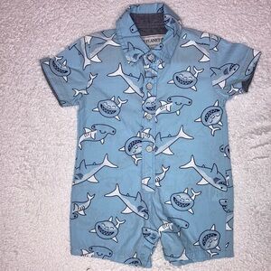 Free planet light blue shark cotton button up romper 0/3